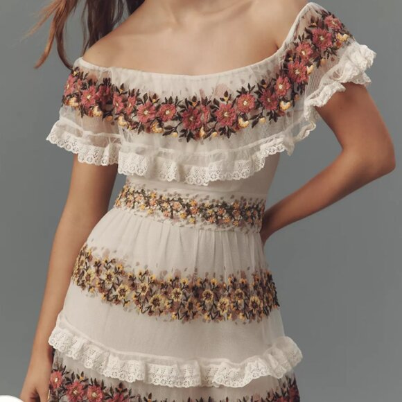 NWT By Anthropologie Ruffle-Sleeve V-Neck Embroidered Tulle Tiered Maxi Dress - Picture 2 of 7